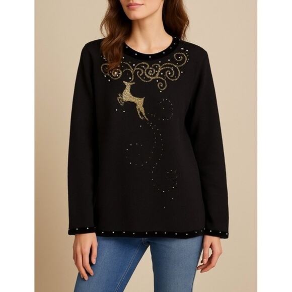 Quacker Factory Black Gold Reindeer Festive Holiday Xmas Embellished Sweater L - Picture 1 of 8